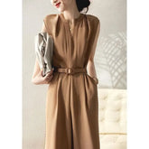 Set: Sleeveless Notch Neck Plain Wide Leg Jumpsuit + Belt