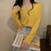 V-Neck Plain Ribbed Button-Up Cardigan