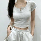 Short-Sleeve Notch Neck Crop Slim Fit T-Shirt