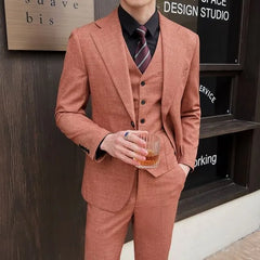 Set: Lapel Collar Melange Single-Breasted Blazer + V-Neck Vest + Mid Rise Straight Leg Dress Pants