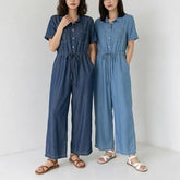 Short-Sleeve Button-Up Drawstring Denim Jumpsuit