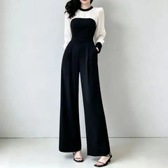 Long-Sleeve Crew Neck Two Tone Jumpsuit