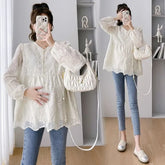Maternity Long-Sleeve Lace Flowy Blouse