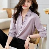 Long-Sleeve V-Neck Collared Plain Button-Up Satin Blouse