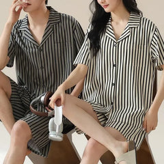 Couple Matching Loungewear Set : Striped Short-Sleeve Shirt & Shorts