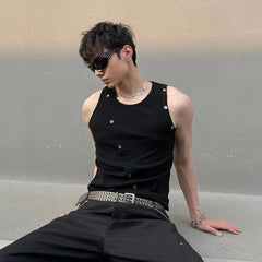 Round Neck Plain Panel Button Tank Top