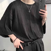 3/4-Sleeve Crew Neck Plain Textured T-Shirt