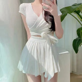 Set: Short-Sleeve V-Neck Plain Crop Rash Guard + Swim Skirt