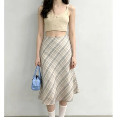 Mid Rise Plaid Midi Pencil Skirt