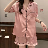 Pajama Set: Short-Sleeve Plain Contrast Trim Shirt + Shorts
