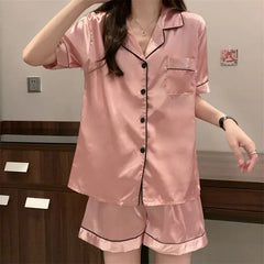 Pajama Set: Short-Sleeve Plain Contrast Trim Shirt + Shorts