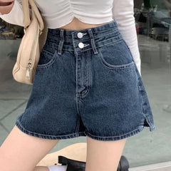 High Waist Washed Slit Wide Leg Denim Shorts
