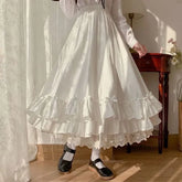 Elastic Waist Plain Bow Tiered Lace Trim Midi A-Line Skirt