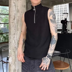 Turtleneck Half Zip Plain Tank Top