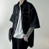 Short-Sleeve Contrast Stitched Button-Up Shirt