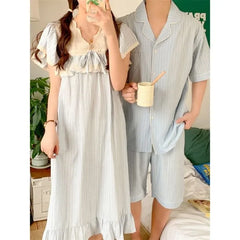 Couple Matching Short-Sleeve V-Neck Striped Lace Panel Midi Pajama Dress / Elbow-Sleeve Lapel Collar Button-Up Top / Shorts / Set