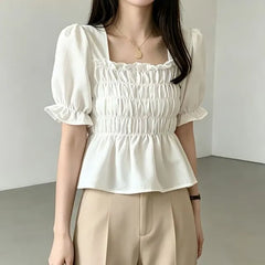 Puff-Sleeve Square Neck Plain Frill Trim Smocked Peplum Crop Blouse
