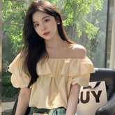 Short-Sleeve Off Shoulder Plain Ruffle Blouse
