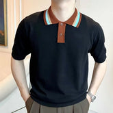 Short-Sleeve Striped Collar Knit Polo Top