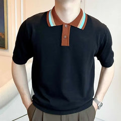 Short-Sleeve Striped Collar Knit Polo Top