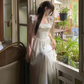 Sleeveless Square Neck Plain Ruffle Maxi A-Line Dress