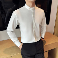 Long-Sleeve Band Collar Plain Shirt