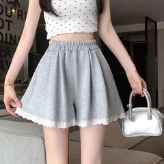 Elastic Waist Plain Lace Trim Shorts
