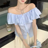 Short-Sleeve Off-Shoulder Plain Layered Ruffle Button-Up Crop Blouse