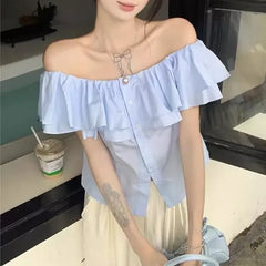 Short-Sleeve Off-Shoulder Plain Layered Ruffle Button-Up Crop Blouse