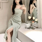 Sleeveless Square Neck Plain Slit Midi Sheath Dress