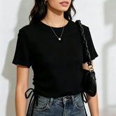 Short-Sleeve Crew Neck Plain Lace Up T-Shirt