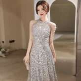 Halter Sequin Strappy A-Line Dress
