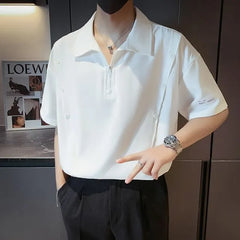 Short Sleeve Lapel Zipper Plain Loose Polo Shirt