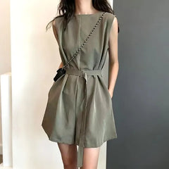 Sleeveless Round Neck Plain Belted Romper
