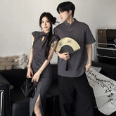 Couple Matching Cap-Sleeve Plain Cutout Ruched Frog Buttoned Slit Midi Sheath Qipao / Elbow-Sleeve Stand Collar Tee / Wide Leg Suit Pants / Set