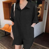3/4-Sleeve Collared Plain Buttoned Wide Leg Romper