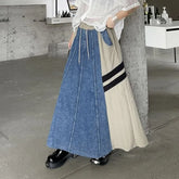 High Waist Denim Panel Maxi A-Line Skirt