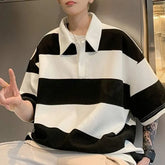 Elbow-Sleeve Striped Polo Shirt