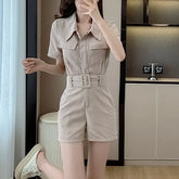 Short-Sleeve Collared Plain Belted Romper