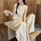 Crew Neck Plain Frayed Crop Tank Top / High Rise Wide Leg Pants