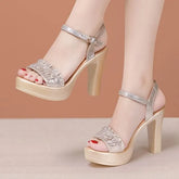 Chunky Heel Ankle Strap Glitter Ruched Sandals