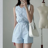 Sleeveless Button-Up Plain Romper