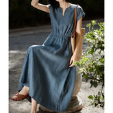 Cap-Sleeve Notch Neck Plain Midi A-Line Dress