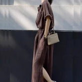 Short-Sleeve Linen Plain Maxi Shirt Dress