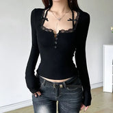Long Sleeve Square-Neck Accent Lace-Trim Plain Slim-Fit Crop Top
