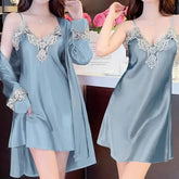 Set: Spaghetti Strap V-Neck Plain Lace Trim Nightdress + Pajama Robe