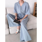 Short-Sleeve V-Neck Plain Jumpsuit