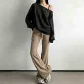 Crew Neck Drop Shoulder Plain Sweatshirt / High Waist Plain Mini Skirt / Flared Sweatpants