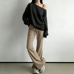 Crew Neck Drop Shoulder Plain Sweatshirt / High Waist Plain Mini Skirt / Flared Sweatpants