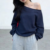 One Shoulder Plain Sweatshirt / Drawstring Waist Plain Wide Leg Sweatpants